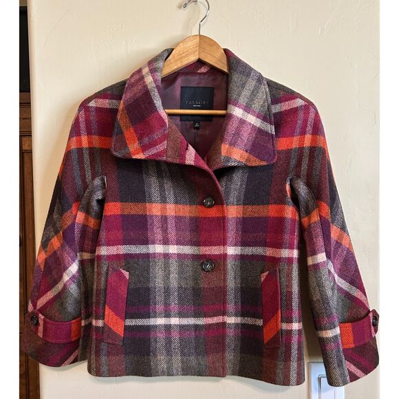 Talbots Plaid Wool Pea Coat Jacket Orange Purple Gray size 2P - Picture 1 of 5